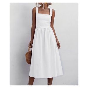 White Square Neck Smocked Midi Flare Dress